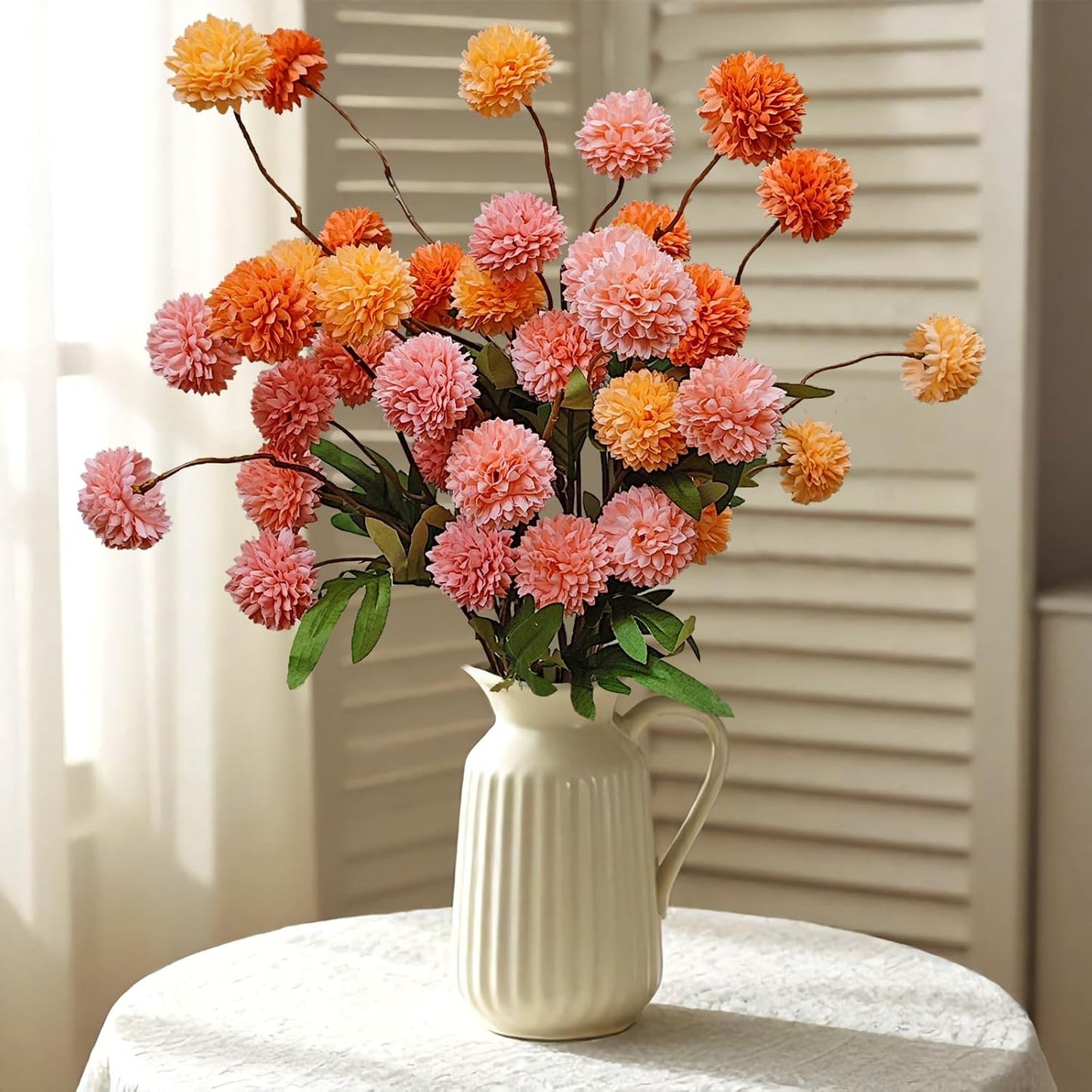 Kinisty 8 Pcs Artificial Flowers Pink Orange Yellow Faux Silk Pompon Mums, 20" Long Stem Fake Chrysanthemum Bouquet for Vase Farmhouse Home Decor, Wedding Centerpiece