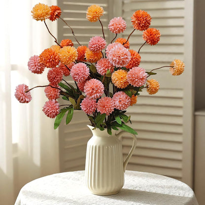 Kinisty 8 Pcs Artificial Flowers Pink Orange Yellow Faux Silk Pompon Mums, 20" Long Stem Fake Chrysanthemum Bouquet for Vase Farmhouse Home Decor, Wedding Centerpiece
