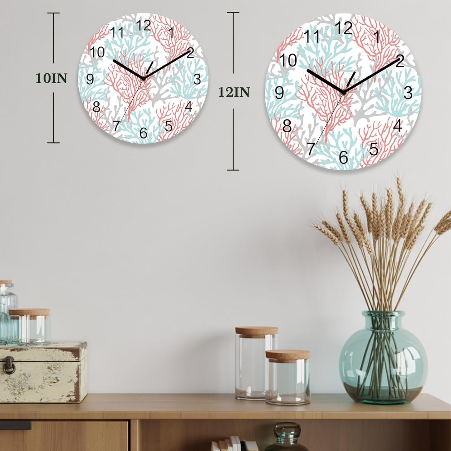 Summer Gradient Pink Teal Ocean Coral Sea Wall Clock Battery Operated Non-Ticking 10" Round Wood Clocks, Kitchen Wall Clock for School Bathroom Living Room Home Office Wall Decor