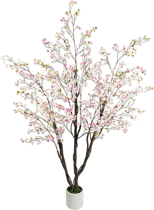 Caxchiling 6FT Cherry Bloosom Tree for Indoor Outdoor, Artificial Pink Tree with White Pot and Moss Topper, Faux Large Floor Plants for Home Office Living Room Bedroom Doorway Hallway Decor