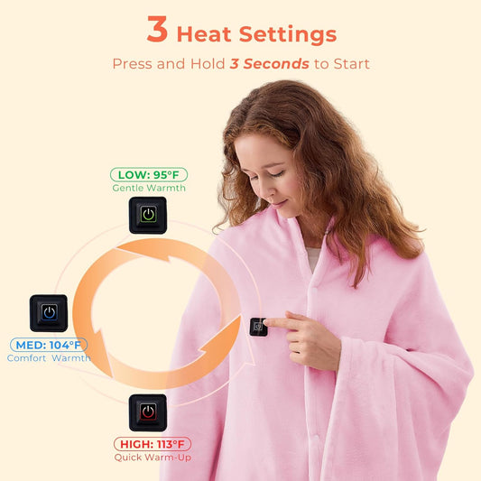 JOLLYVOGUE USB Heated Blanket Throw, Wearable & Portable Heating Electric Blanket for Adults, 3 Levels & 8 Heating Zone Shawl for Indoor & Outdoor, Pink (Battery Not Included)