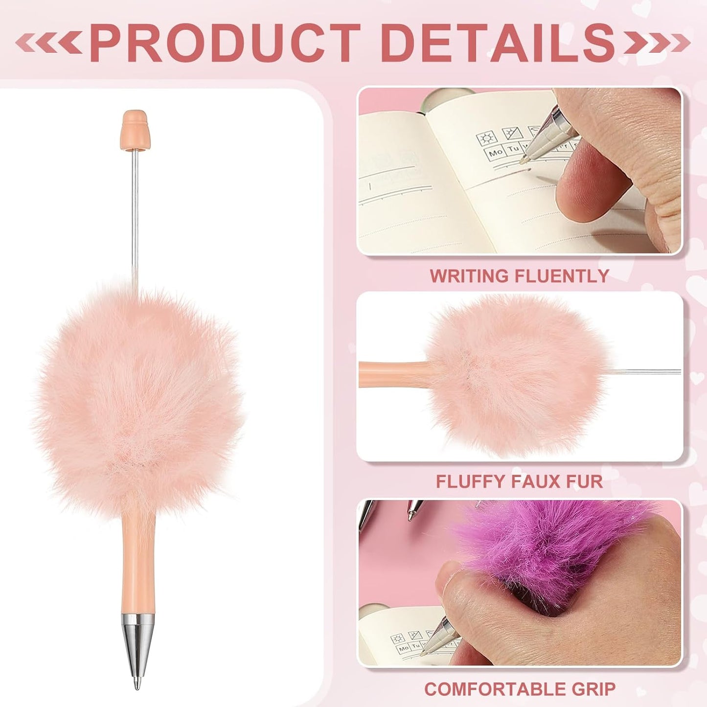 PATIKIL 5Pcs Fluffy Beadable Pens, Plush Fuzzy Plastic Bead Pen Bead Ballpoint for DIY Gift Writing Office Supplies, Light Pink