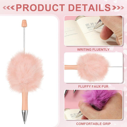 PATIKIL 5Pcs Fluffy Beadable Pens, Plush Fuzzy Plastic Bead Pen Bead Ballpoint for DIY Gift Writing Office Supplies, Light Pink