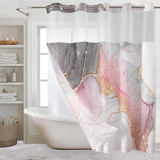 LB No Hook Shower Curtain with Snap in Liner Pink Marble Shower Curtain for Bathroom Abstract Pink and Grey Marble Textured Bathroom Curtains Shower Set, 72x74 inches Shower Curtain and Liner Set