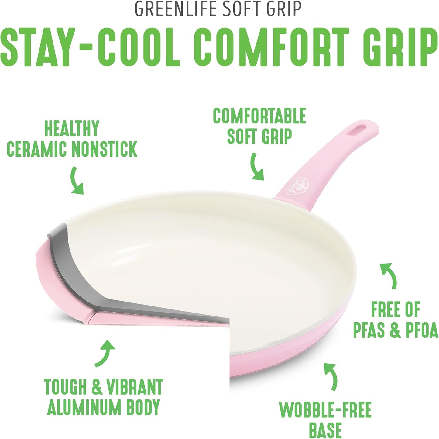 GreenLife Soft Grip Healthy Ceramic Nonstick, 8" 10" and 12" Frying Pan Skillet Set, PFAS-Free, Dishwasher Safe, Soft Pink