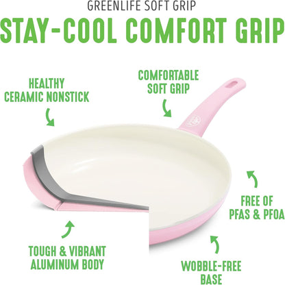 GreenLife Soft Grip Healthy Ceramic Nonstick, 8" 10" and 12" Frying Pan Skillet Set, PFAS-Free, Dishwasher Safe, Soft Pink