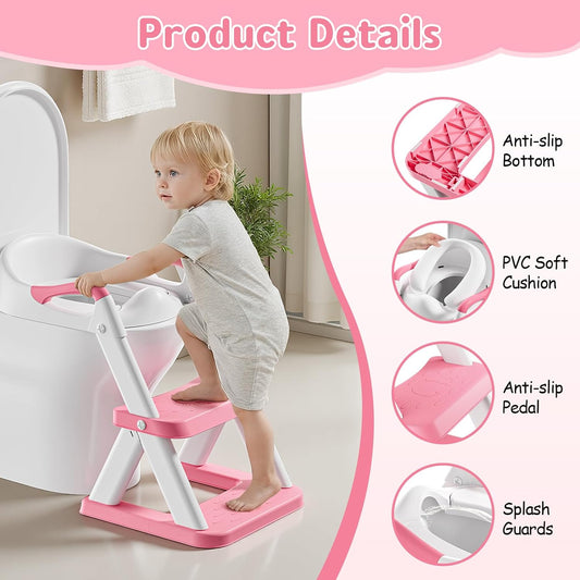 Potty Training Toilet Seat with Steps, 2-in-1 Toddler Toilet Seat for Boys Girls with Splash Guard Soft Anti-Slip Pad,Bright Pink