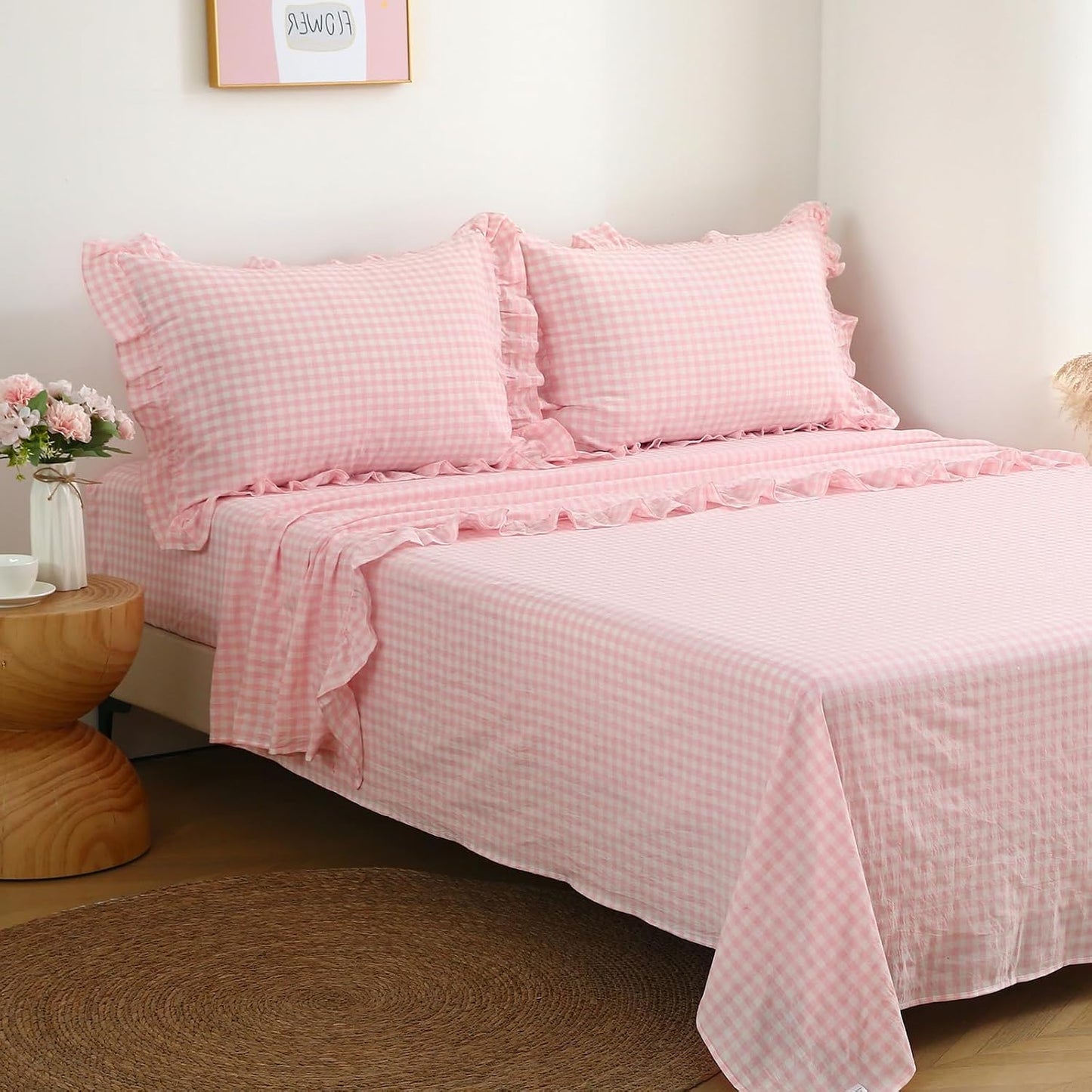 Peach Blush White Plaid Ruffle Gingham Sheets Full Size 4-Piece Set, 300TC 100% Yarn Dyed Cotton Sheets 18 in Deep Pocket Kids Preppy Decorative Bedding (Blush/White Plaid, Full)
