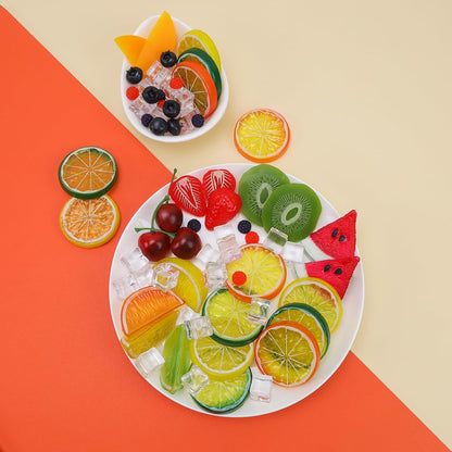 Gresorth 160pcs Artificial Kiwi Slice Yellow Peach Lemon Decoration Fake Watermelon Strawberry Block Realistic Raspberry Blueberry Cherry Ice Cube Display