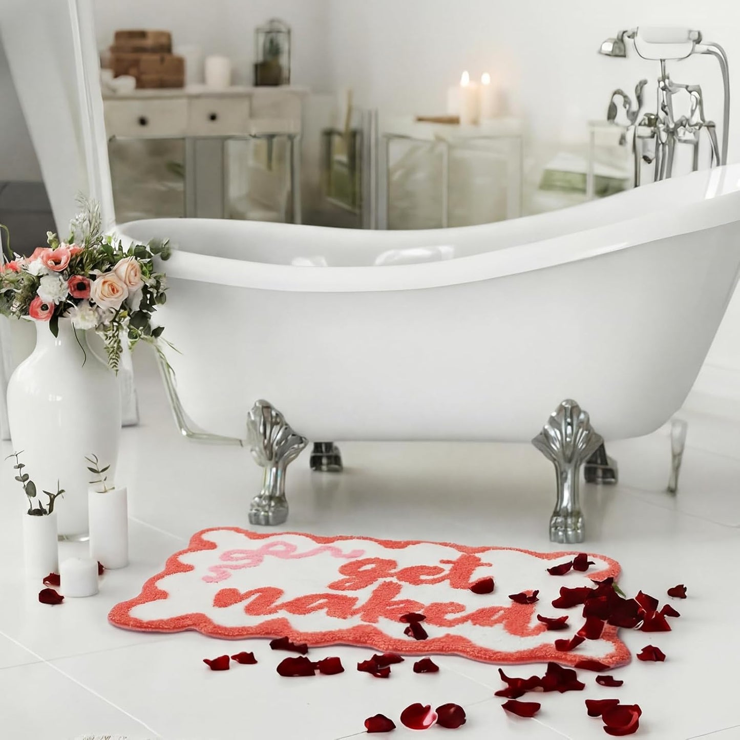 Boao Get Naked Bath Mat Coral Pink Bow Scalloped Bathroom Rug 20 x 32 Inch Soft Absorbent Non Slip Microfiber Rug Cute Aesthetic Preppy Bathroom Decor for Tub Floor Carpet Sink Shower