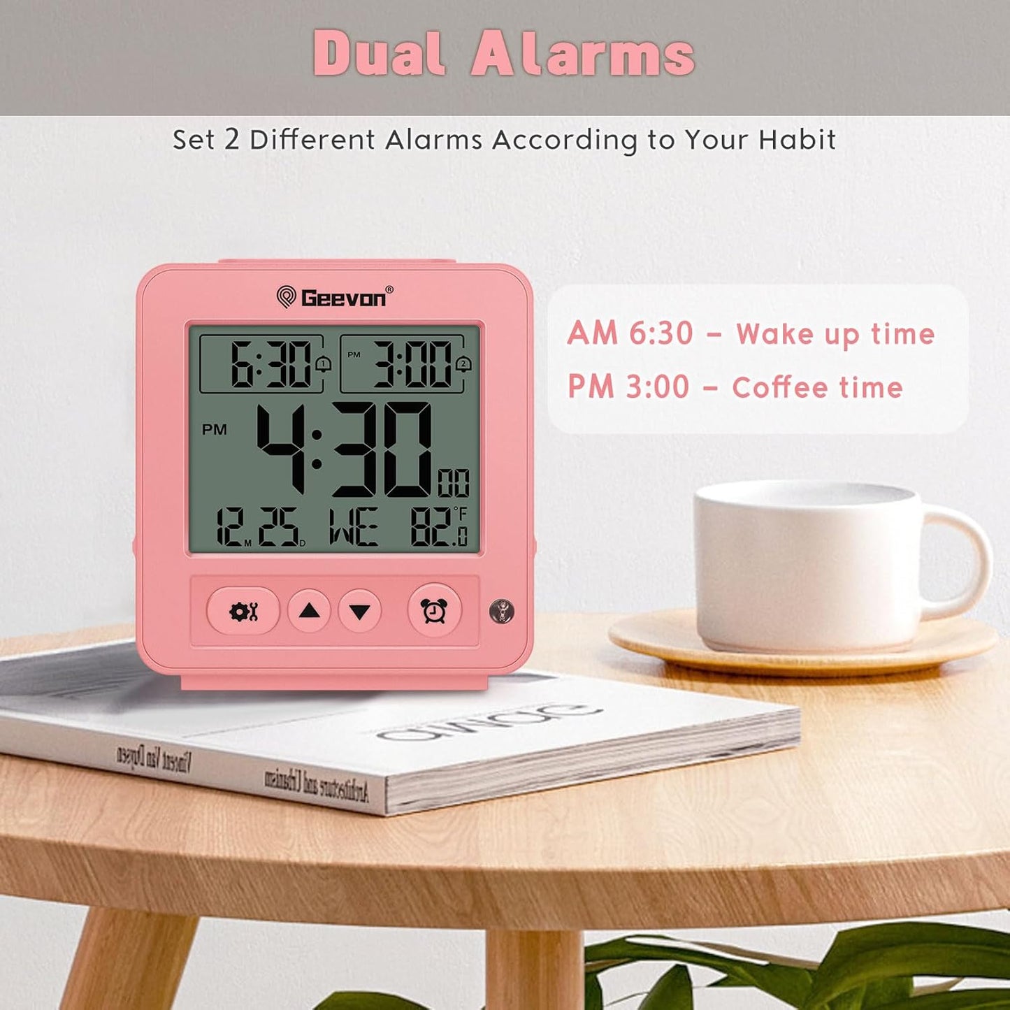 Geevon Smart Night Light Small Digital Alarm Clock with 2 Increasing Beep Alarm, Indoor Temperature, Battery Operated Travel Clock for Bedroom, Bedside, Desk(Pink)