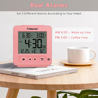 Geevon Smart Night Light Small Digital Alarm Clock with 2 Increasing Beep Alarm, Indoor Temperature, Battery Operated Travel Clock for Bedroom, Bedside, Desk(Pink)