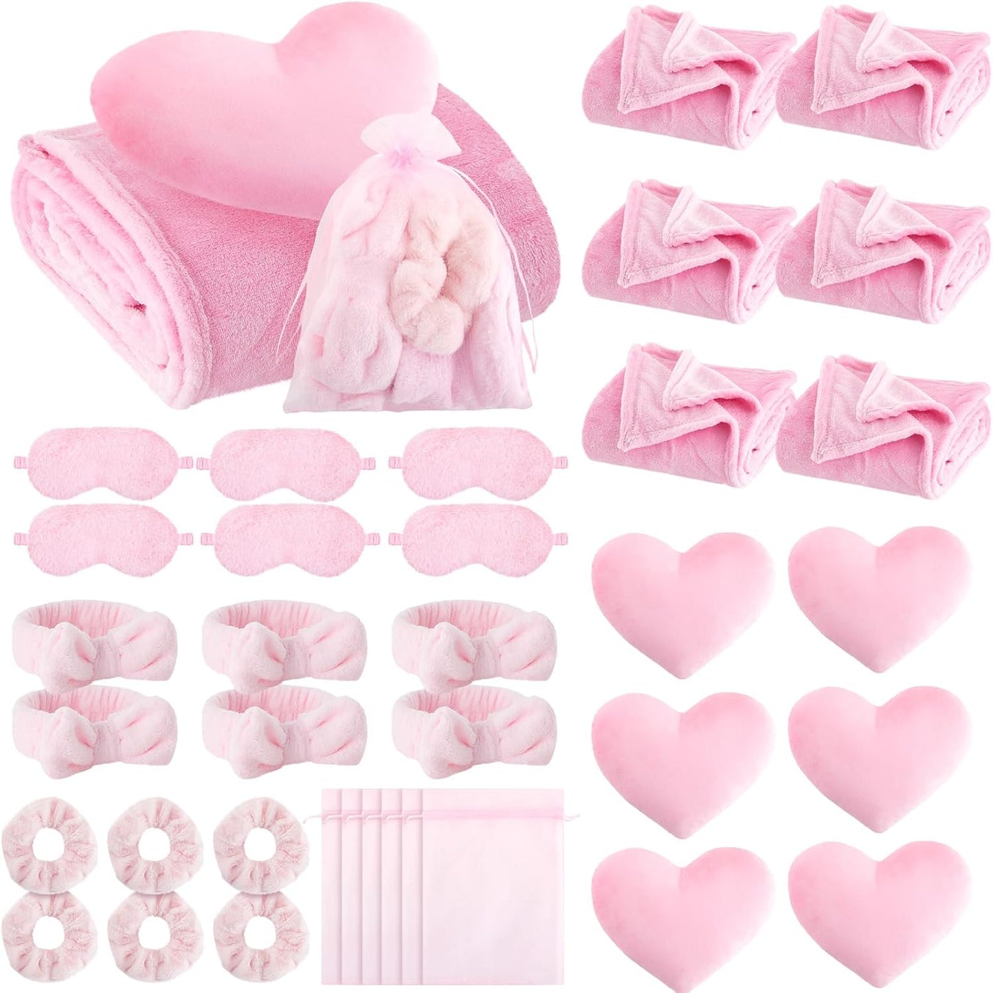 Fanfanwin 36 Pcs Sleepover Party Supplies for Girl Spa Slumber Birthday Favors Throw Blanket Pillow Eye Mask Headband Scrunchies (Solid Color,Pink)