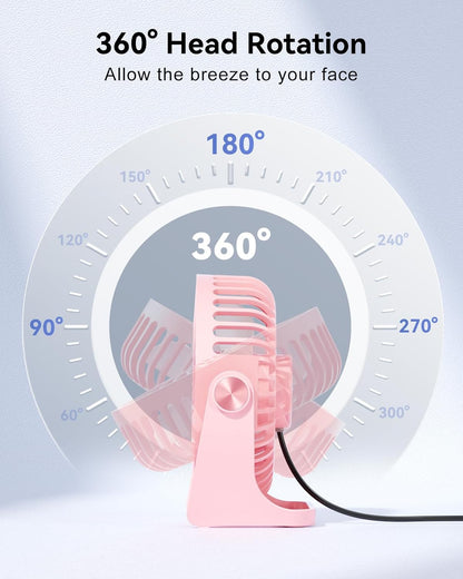Edvision USB Desk Fan, 5 Inch Small Portable, 3 Speeds Powerful Wind Mini Personal Desktop Fan 360° Rotation Adjustable, Plug In USB Fan Quiet for Table Home Office Travel Car(Pink)