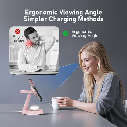 Charging Station 3 in 1 Wireless Charger for Apple Devices, 15W MagSafe Stand Compatible with iPhone 17 16 15 14 13 12 Pro Max Plus, Charging Dock for AirPods 4 3 2 & iWatch Series (Pink)