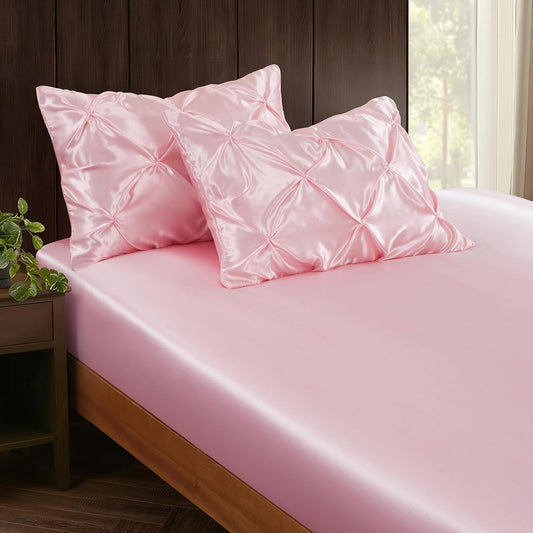 P Pothuiny 3-Piece Set Pintuck Satin Pillowcases & Queen Fitted Sheet, Blush Pink Satin Sheet Silky Soft Luxury Romantic Pinch Pleated Bedding Bedroom Dorm Decor, 15 Inch Deep Pocket