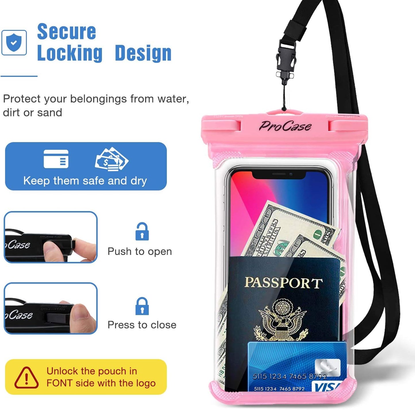 ProCase 2 Pack Waterproof Phone Pouch, Underwater Phone Case Up to 7", Dry Bag for iPhone 17 Air 16 15 14 13 Pro Plus Max, Galaxy S24 S23 S22 Ultra Pixel, Beach Essentials -Pink & Black