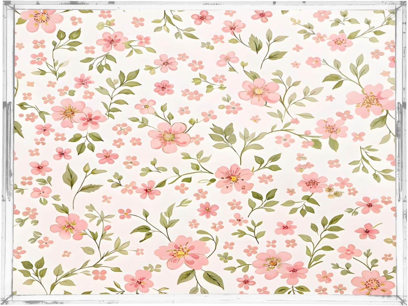 Pink Flowers Serving Tray 12" x 16" Acrylic Trays with Handles Decorative Serving Platter for Coffee, Breakfast in Bed, Dinner, Appetizers, Patio, Party