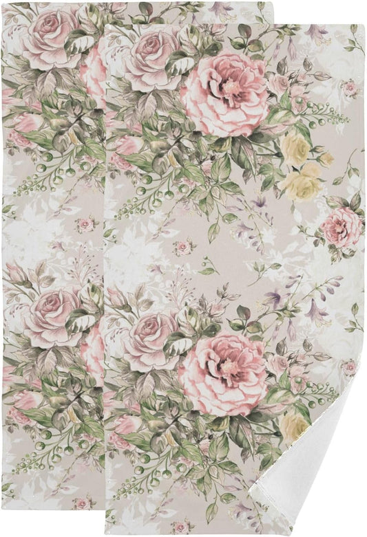 2 Pack Pink Rose Floral Hand Towels for Bathroom,Absorbent Shabby Chic Peony Flower Bouquet Green Leaves Fingertip Guest Decorative Bath Towels,Soft Dish Towels for Kitchen Decor 14"x28"