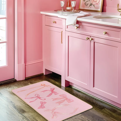 Coquette Pink Bow Welcome Mat Floor Mats, Pink Kitchen Bathroom Doormat, Indoor Front Door Bathroom Bow Decor, Gifts for Teen Girls, 30 x 16 Inch
