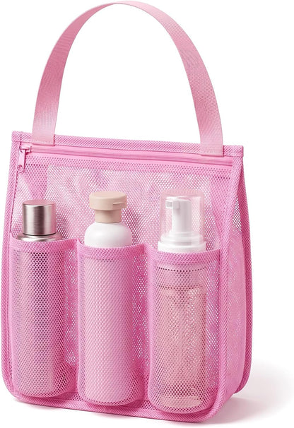 Mesh Shower Bag, Portable Gym Shower Caddy Pink Bathroom Shower Bag with Zipper & Pockets Multifunctional Gym Travel Camp Dorm Room Essentials for Women and College Student Girl