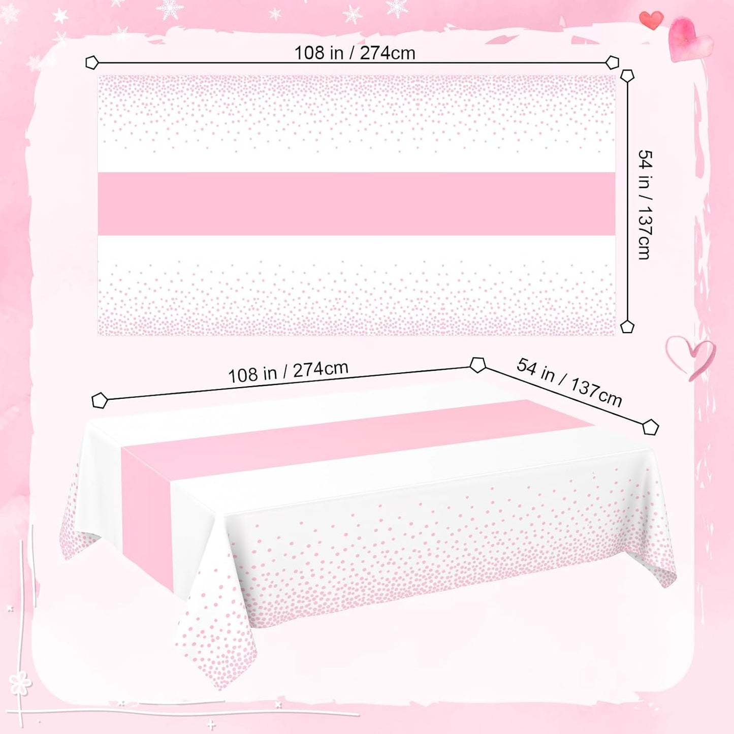 2 Pack White and Light Pink Tablecloth Disposable White Printed Pastel Pink Table Runner for Parties Baby & Bridal Shower Engagement Wedding Birthday BBQ Picnic Indoors and Outdoors Party