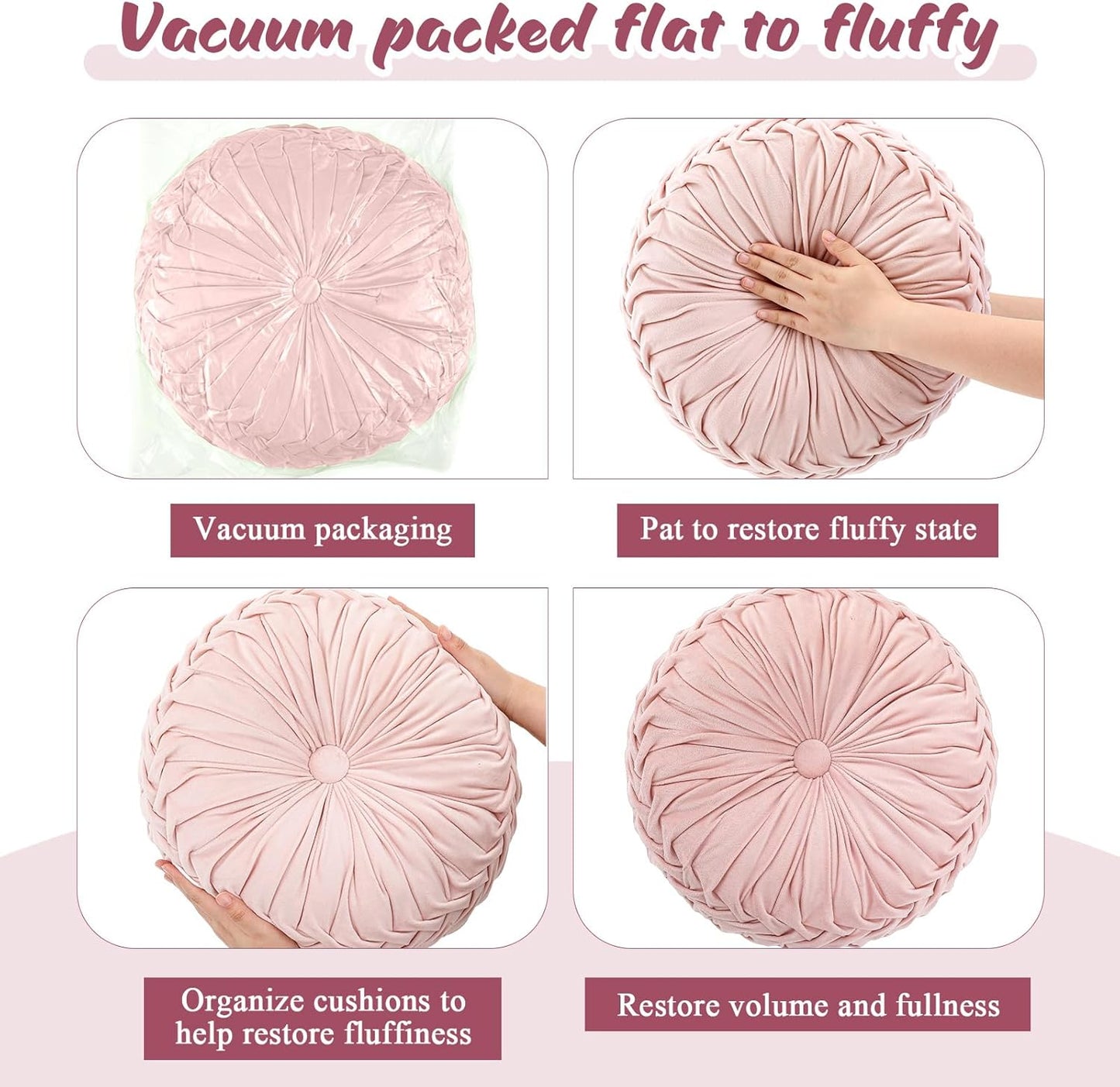 Drydiet 1 Pcs Round Throw Velvet Pillows Decorative Pleated Throw Pillows Diameter Accent Pumpkin Boho Chair Cushion for Couch Sofa Home Decoration (Pink,15'')