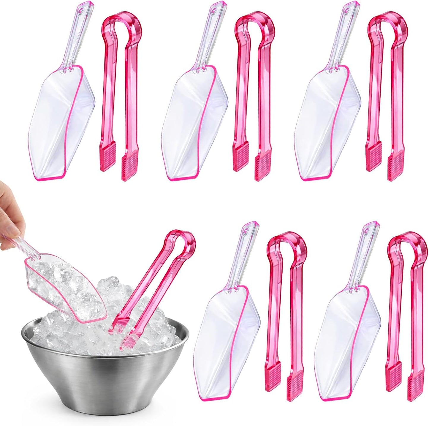 12 Pieces Plastic Ice Tongs and Scoops Mini Kitchen Tongs Utility Mini Buffet Scoop for Cocktail Whiskey Tea Party Candy Coffee and Buffet or Daily Use (pink)