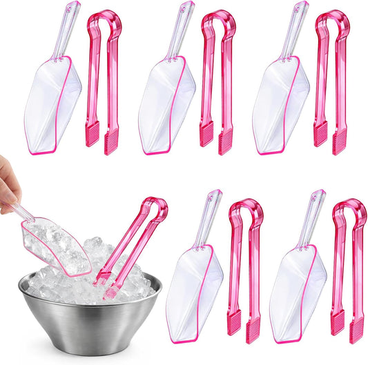 12 Pieces Plastic Ice Tongs and Scoops Mini Kitchen Tongs Utility Mini Buffet Scoop for Cocktail Whiskey Tea Party Candy Coffee and Buffet or Daily Use (pink)