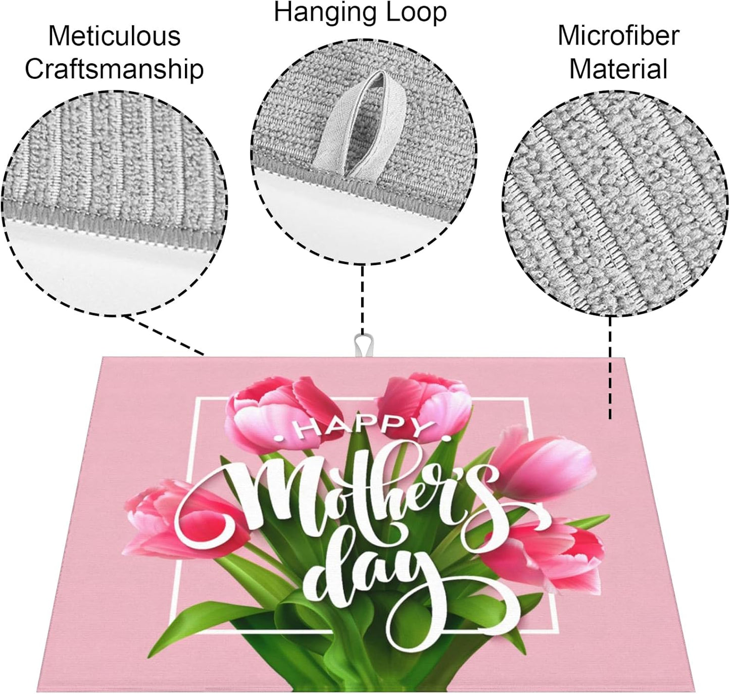 Happy Mothers Day Dish Drying Mat, Pink Tulip Dishes Pad Kitchen Accessories, Absorbent Microfiber Dish Drainer Mat Protector for Kitchen Counter 18 x 24 Inches