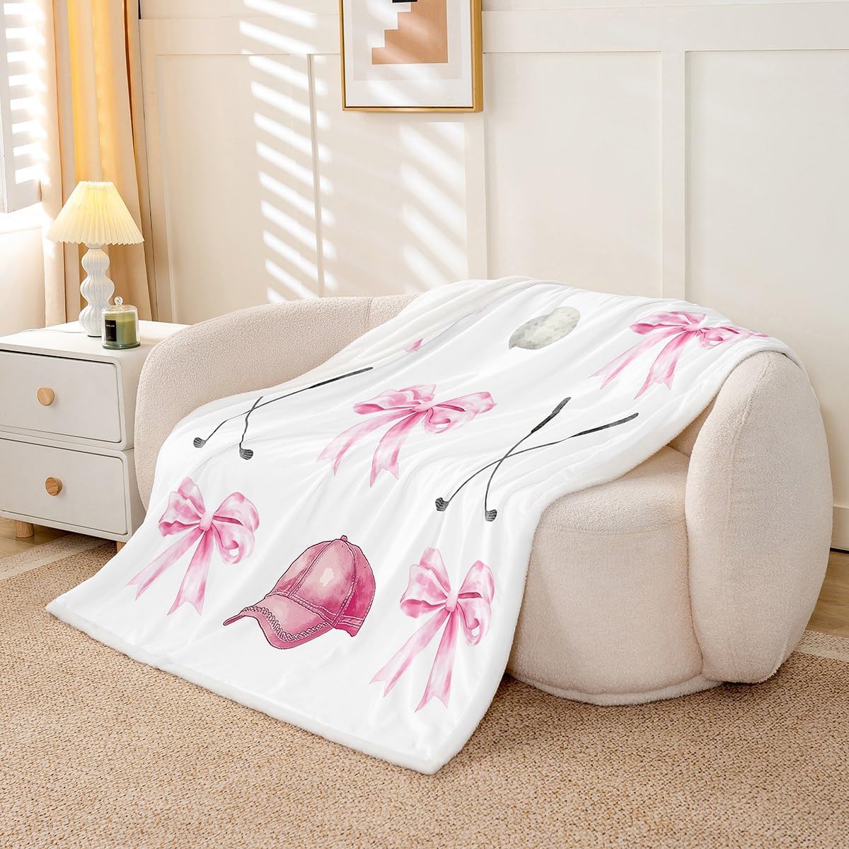 Kawaii Bow Throw Blanket,Girls Golf Bowknot Bed Plush Blanket for Kids Boys Girls Teens,Cartoon Golf Club Fleece Throw Blanket for Sofa Room Decor,Girly Sport Pink White Bed Blanket,40"x50"