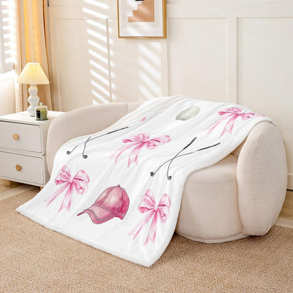 Kawaii Bow Throw Blanket,Girls Golf Bowknot Bed Plush Blanket for Kids Boys Girls Teens,Cartoon Golf Club Fleece Throw Blanket for Sofa Room Decor,Girly Sport Pink White Bed Blanket,40"x50"