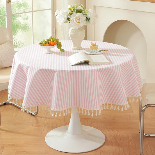 meioro Striped Round Tablecloth, Cotton Blend Fabric Pink Circle Table Cloth with Tassel, Washable Wrinkle Free Table Cover Cute Small Tablecloths for Card Coffee Tables Home Party - Round 60 Inch
