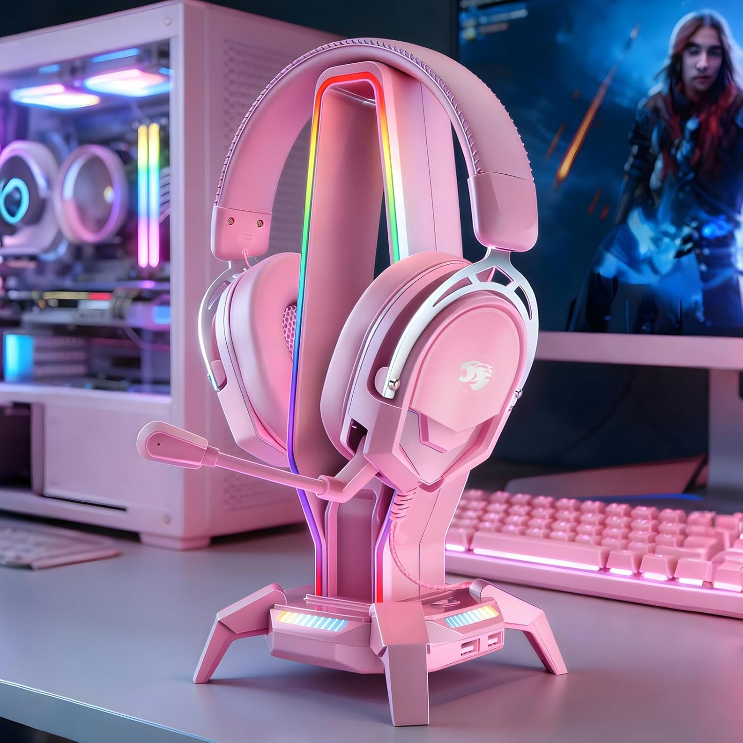 K98 Gaming Headset with Mic, Wired Over Ear Headphones for PC, PS5, PS4, Xbox One, 50mm Stereo Surround Sound, Aluminum Frame, Memory Foam Ear Cushions, Noise Cancelling Mic (Pink)