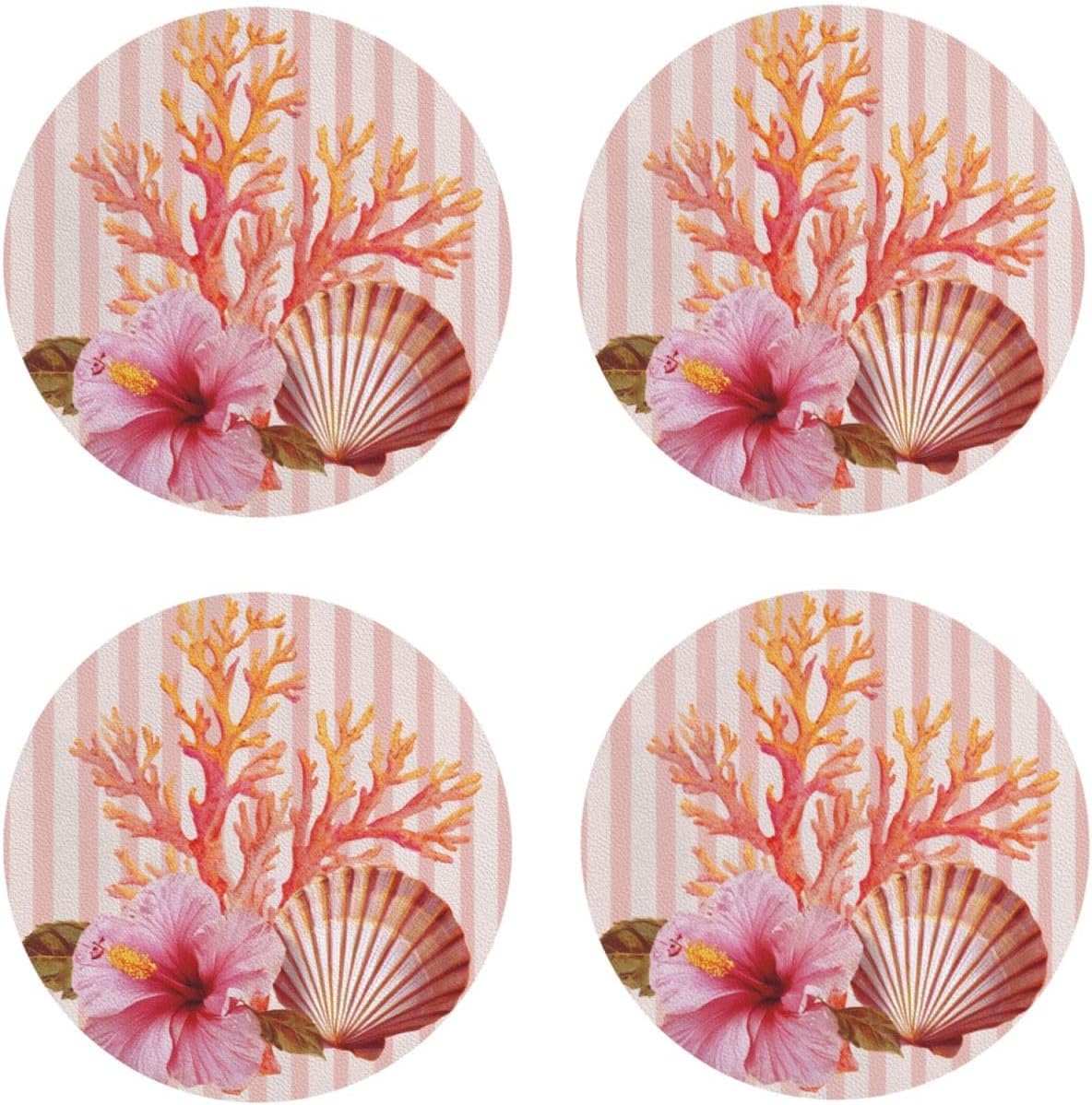 Light Pink Scallop Shell Hibiscus Flower Drinks Coasters Set of 4 Leather Drink Coasters for Tabletop Protection Heat Resistant Bar Cup Mat Pad