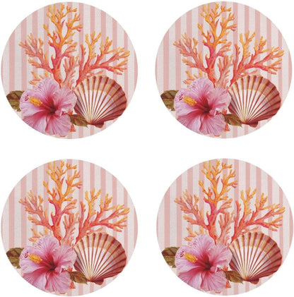 Light Pink Scallop Shell Hibiscus Flower Drinks Coasters Set of 4 Leather Drink Coasters for Tabletop Protection Heat Resistant Bar Cup Mat Pad