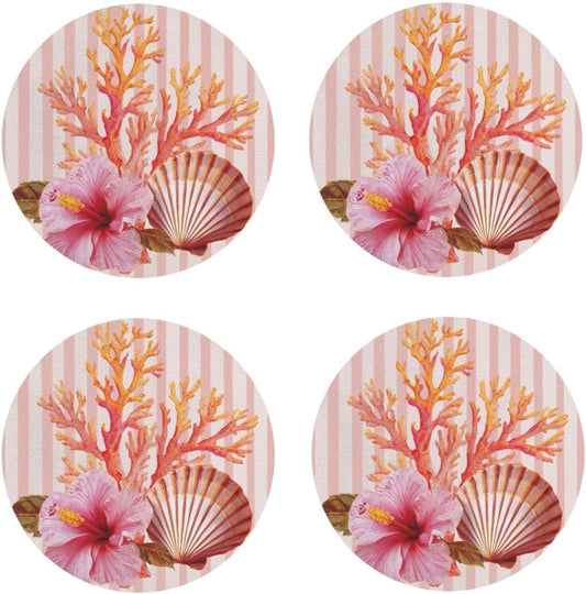 Light Pink Scallop Shell Hibiscus Flower Drinks Coasters Set of 4 Leather Drink Coasters for Tabletop Protection Heat Resistant Bar Cup Mat Pad