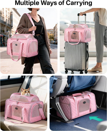 Cat Carrier Airline Approved 17x11x9.5 Inches, Top Expandable Soft Sided Pet Travel Carrier for Cats & Small Dogs, Fits Under Airline Seat with Locking Zippers, Pink