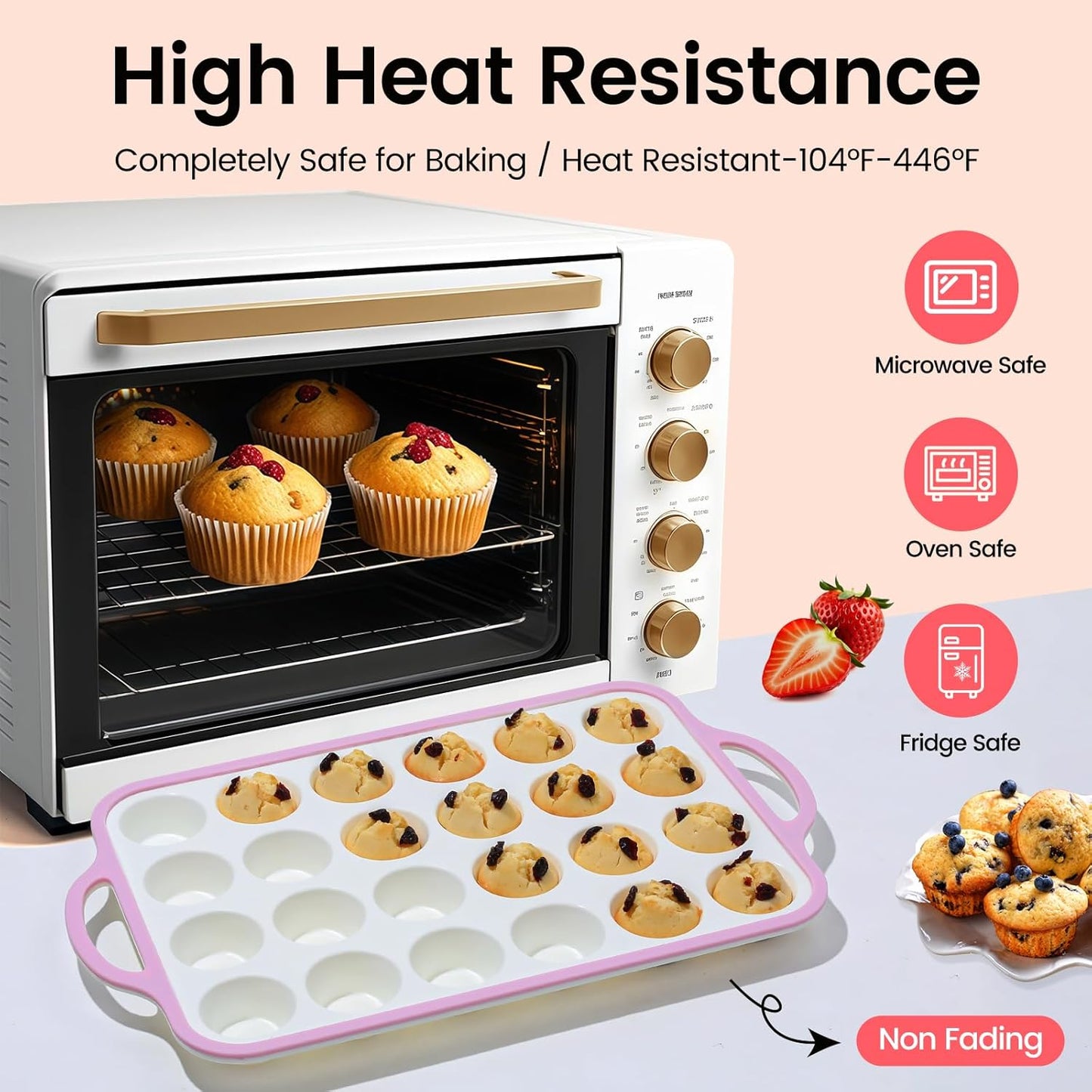Silicone Mini Muffin Pan With Metal Reinforced Frame - 24 Cups Durable Silicone Cupcake Pan for Muffin, Cupcakes, BPA Free and Dishwasher Safe - 2 Piece Pink