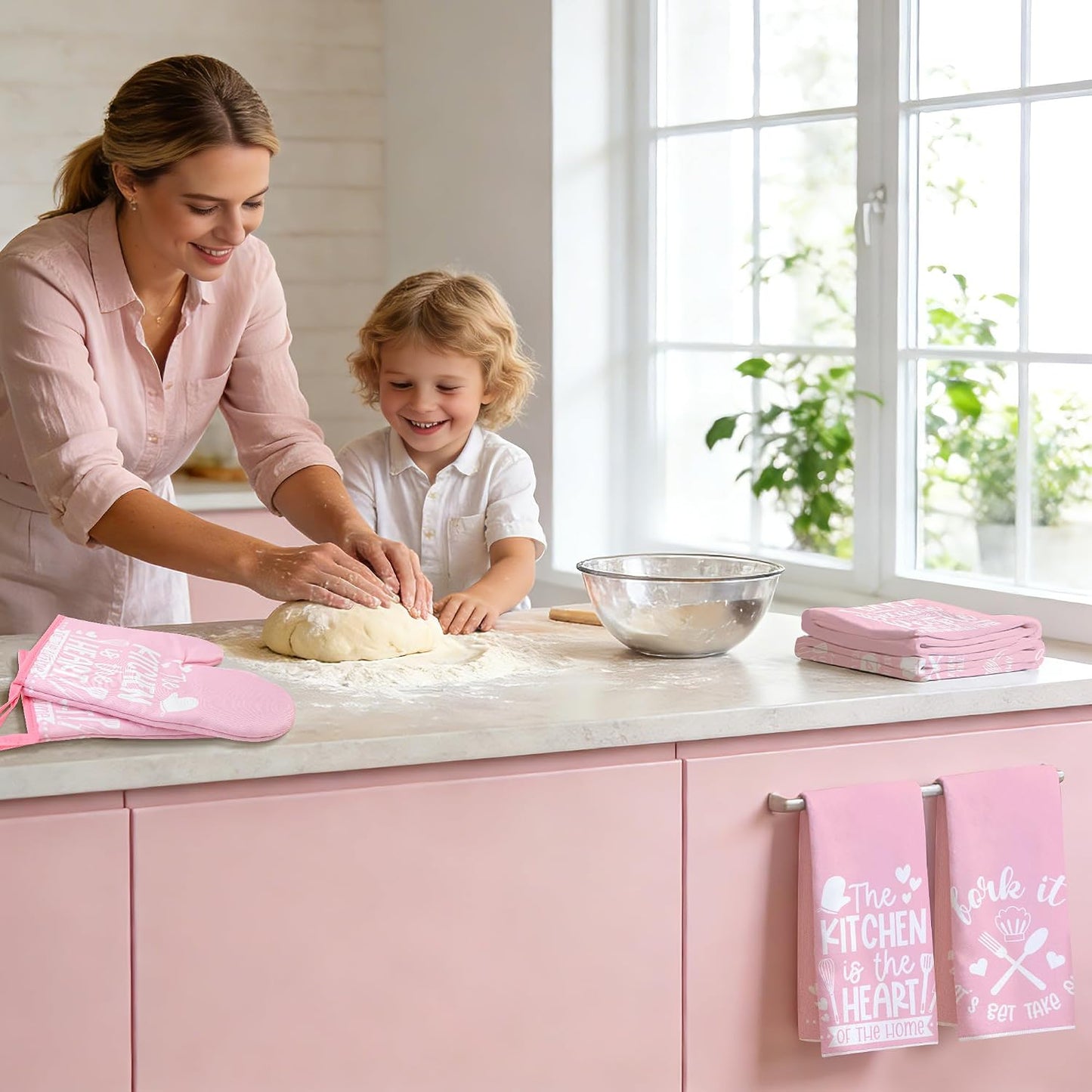 8 Pcs Pink Kitchen Decor Set 4 Pink Kitchen Dish Towels 2 Oven Mitt 2 Pot Holders for Kitchens Cooking Baking Spring Decoration Farmhouse Housewarming Accessories