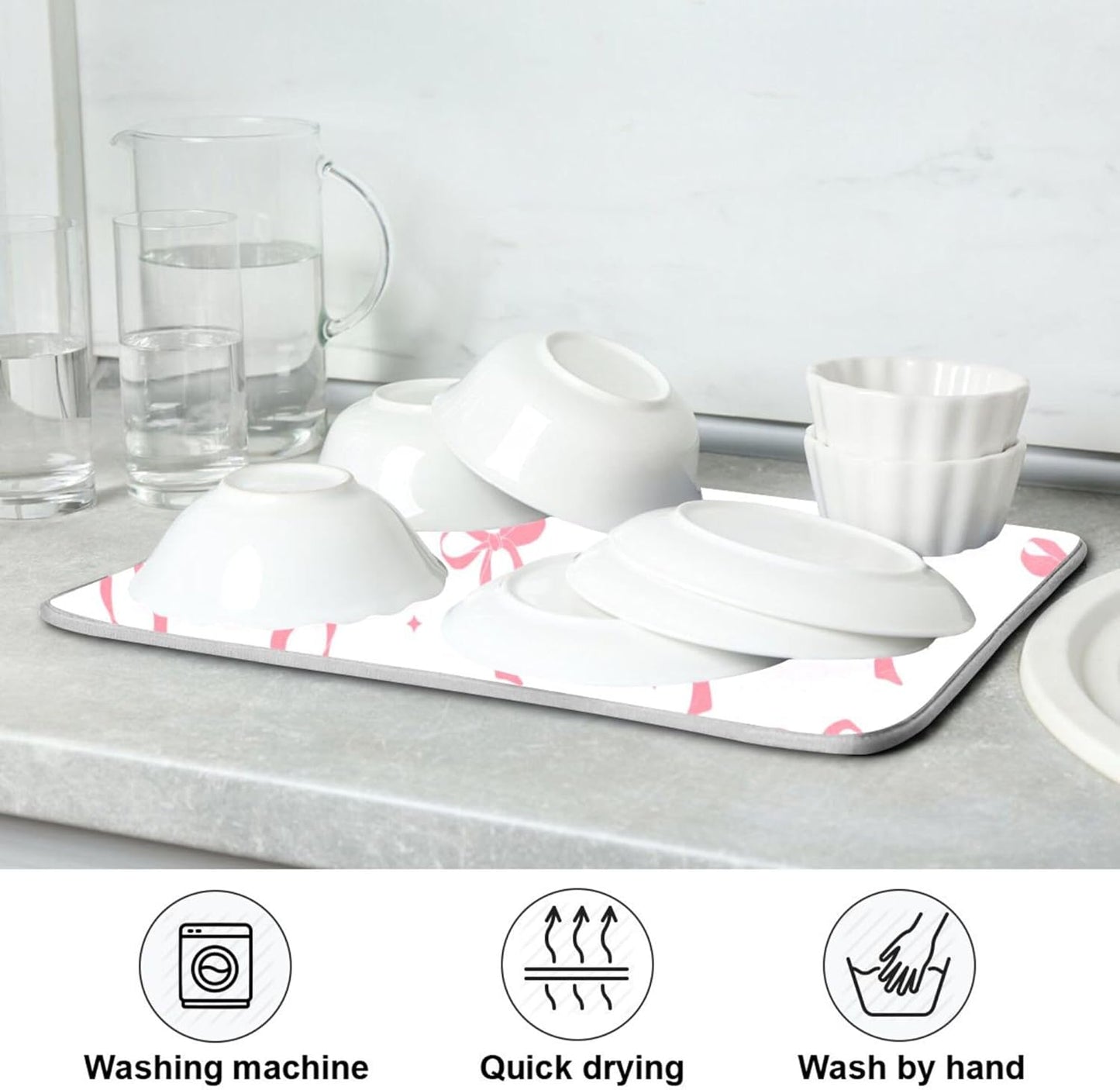 Pink Bow Bowknot Dish Drying Mat for Kitchen Countertop 16x18 Rectangle Small Drying Mat Reusable Quick Dry Dish Sink Absorbent Mats Dishwasher Easy Clean Decorative Home Decor Essentials