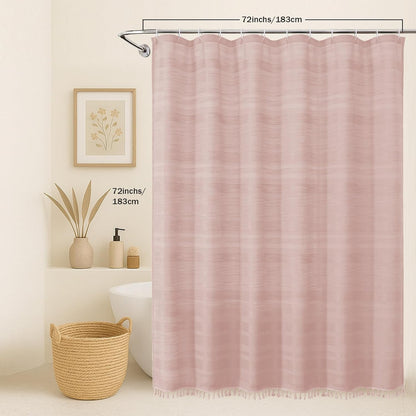 OVZME Pink Shower Curtain for Bathroom, Boho Linen Textured Shower Curtain with Tassel, Rustic Striped Heavy Duty Vintage Country Bathroom Curtain, 72Wx72L Inches