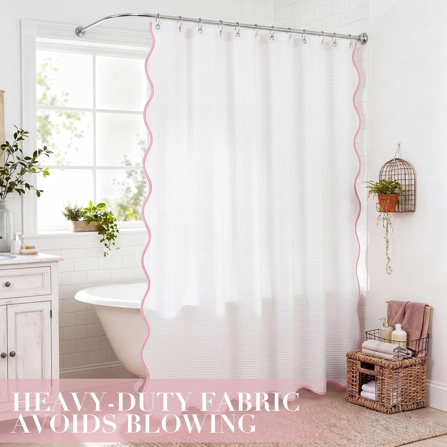 Scalloped Waffle Shower Curtain with 12 Metal Hooks Thick Weighted Fabric Wrinkle and Rust Resistant Heavy Duty Long Curtains for Bathroom Showers Bath Tubs Machine Wash, 72x72 in (Pink)
