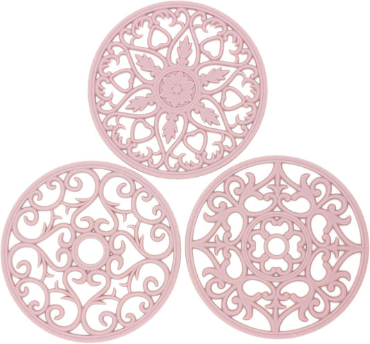 Smitchraft Silicone Trivets for Hot Dishes, Pots & Pans, Hot Pads for Kitchen Quartz Countertops, Silicone Pot Holders Mat, Multi-use Carved Heat Resistant Mat for Counter & Table, Set 3 Pink