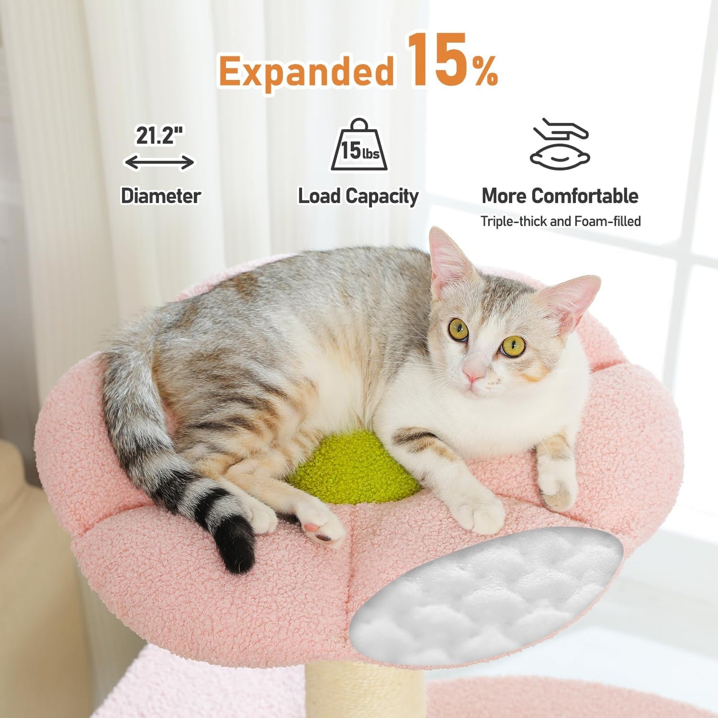 MUTTROS 50" Pink Flower Cat Tree for Large Heavy Cats, Maine Coon Cat Tower with Extra Thick Scratching Posts (φ4.3in), Spacious Cat Condo for Big Cats 20 lbs, Soft Top Bed-Green