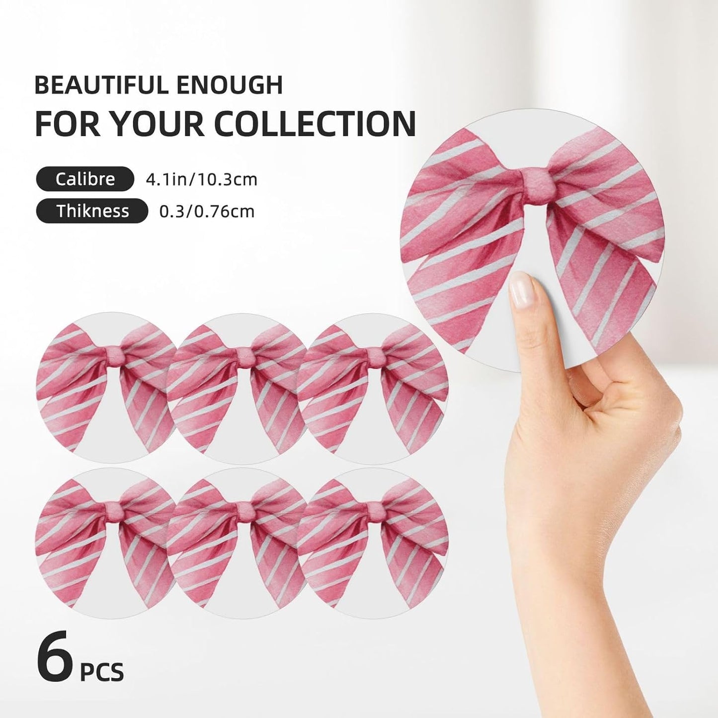 Light Pink Watercolor Bow with White Stripes Ceramic Coasters with Holder Set of 6 Coffee Cup Drink Coasters