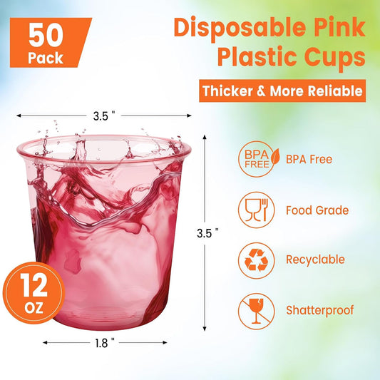 50 Pcs Pink Plastic Cups, 12 Oz Disposable Stemless Wine Glasses Cocktail Pink Party Cups for Meeting, Wedding, Birthday, Valentines Party