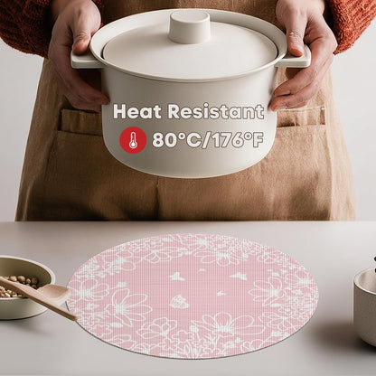 Artoid Mode Pink Leaves Vinyl Round Placemats Set of 4, 14 Inch Washable Non-Slip Heat Resistant Woven Plastic Spring Table Mats for Party Kitchen Dining Decor