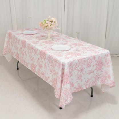 Efavormart Polyester Rectangular Tablecloth 60"x102" White with Pink French Toile Pattern - Sophisticated Table Cover for Chic Weddings & Events