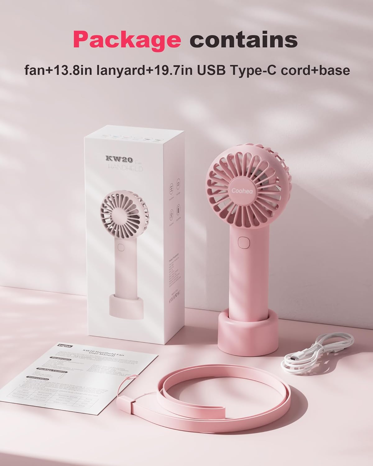 Coohea Mini Handheld Fan, Small Cute Design, 3 Powerful Speeds, USB Rechargeable Battery Operated, Personal Portable Fan with Base & Lanyard, for Eyelash Makeup Travel Beach Office Desk, Pink